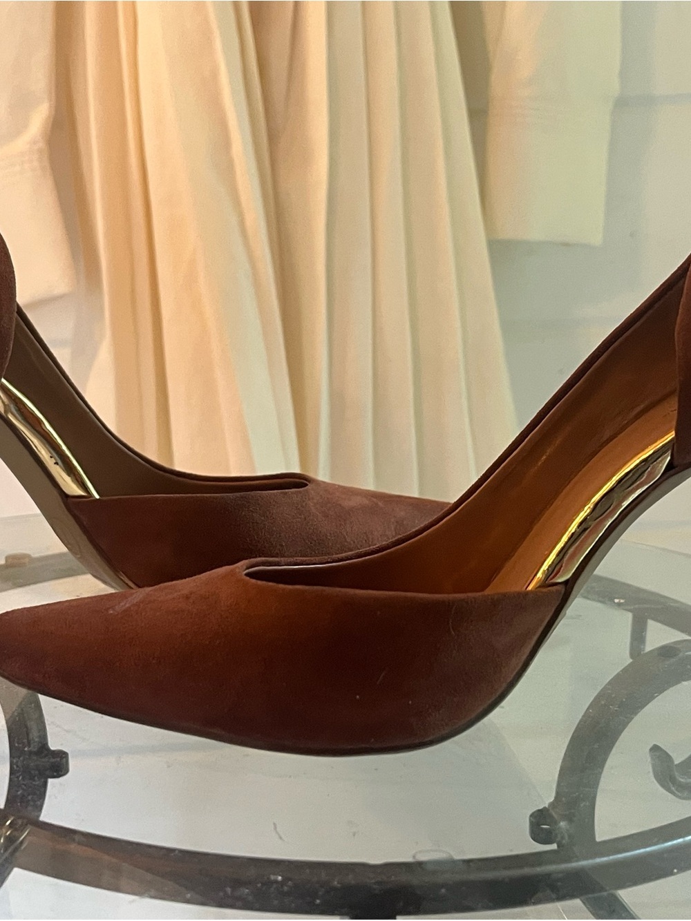 Women's Pointed Toe Suede Pumps in Brown with gold accents